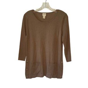 CHICO'S Light Brown 3/4 Length Ribbed Sleeve Button Accent Scoop Neck Sweater S